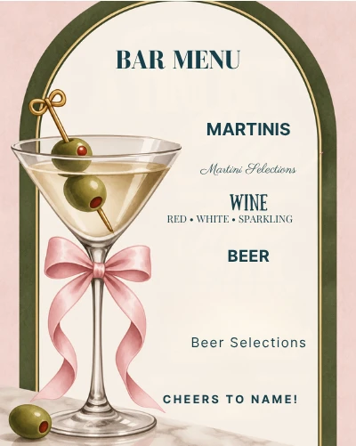 Olive Martini bar menu artwork with sample wording — unpublished QDP design preview