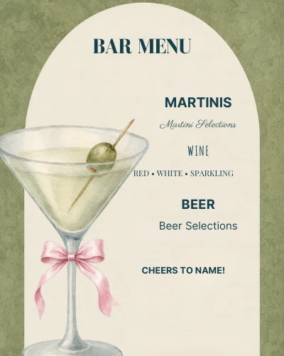 Sage Martini & Pink Bow bar menu artwork with sample wording — unpublished QDP design preview