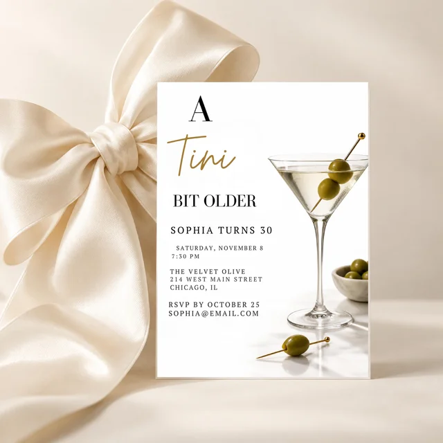 A Tini Bit Older QDP invitation with olive martini artwork, styled with ivory ribbon — unpublished design preview