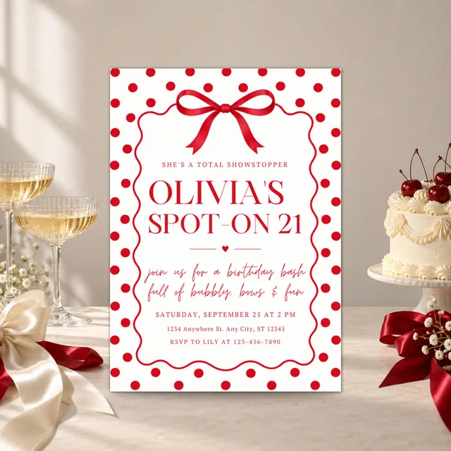 QDP red-bow and pink polka-dot 21st birthday invitation.