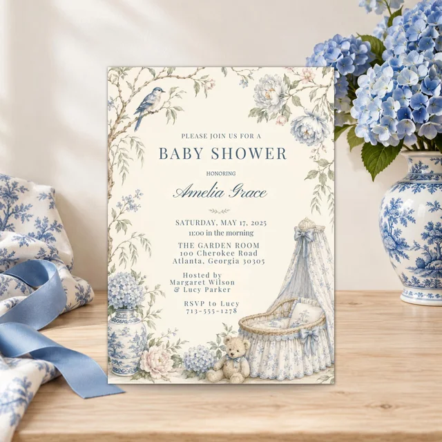 Blue Chinoiserie — QDP baby shower invitation