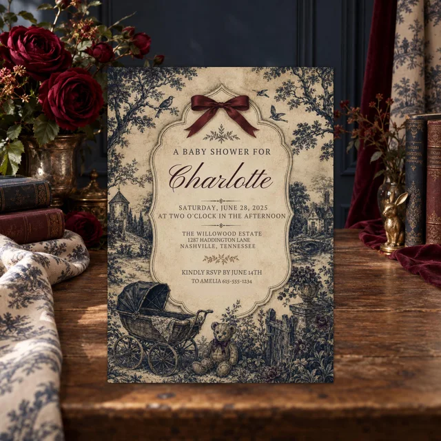 Burgundy Bow Toile — QDP baby shower invitation