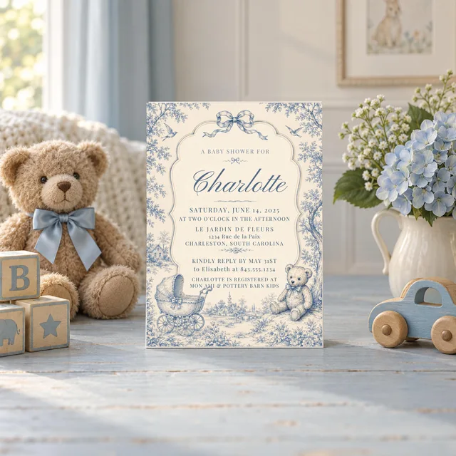 Blue Toile Teddy Bear Baby Shower Invitation, Editable Canva Template — actual QDP listing image