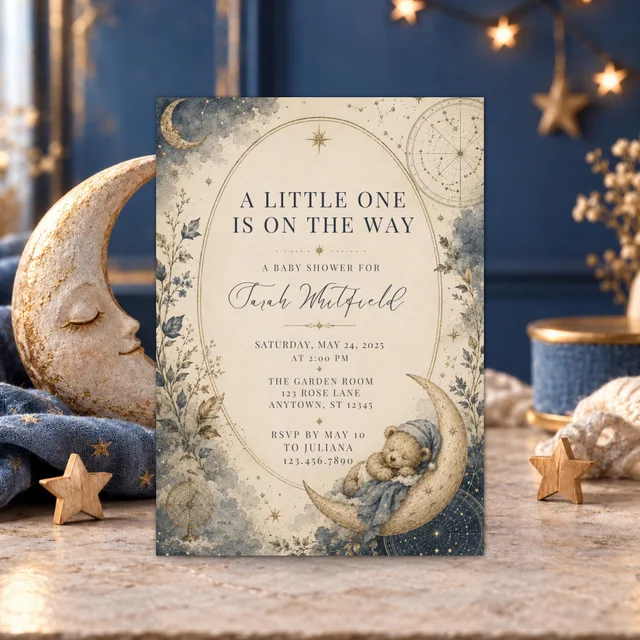 Celestial Baby Shower Invitation, Editable Moon and Stars Teddy Canva Template — actual QDP listing image