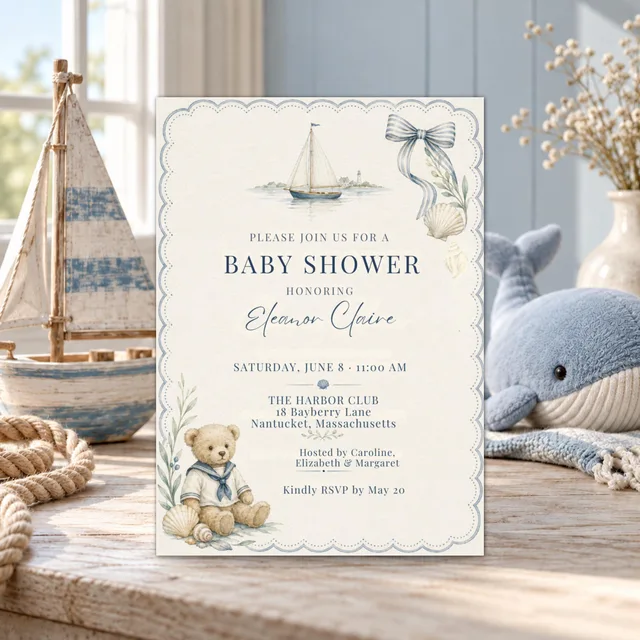 Nautical Baby Shower Invitation, Editable Sailboat Teddy Bear Canva Template — actual QDP listing image