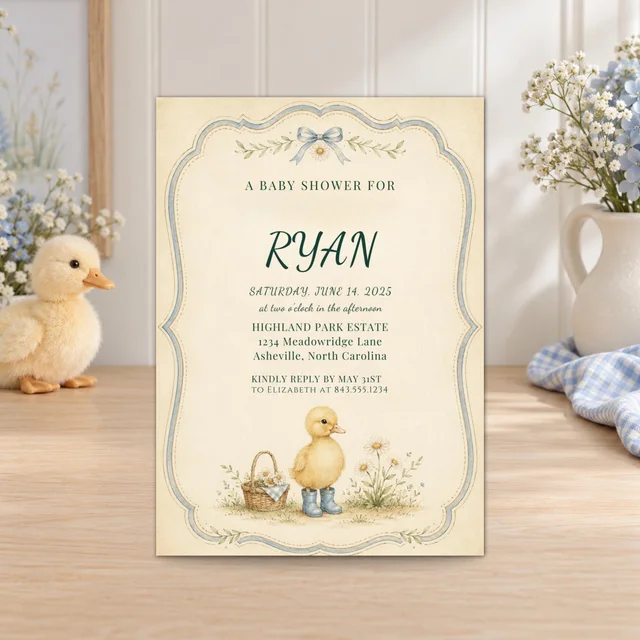 Duck Baby Shower Invitation, Editable Blue Scallop Canva Template — actual QDP listing image