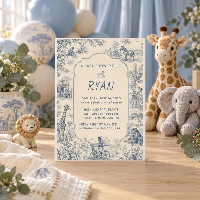 Safari Baby Shower Invitation, Editable Blue Toile Jungle Canva Template — actual QDP listing image
