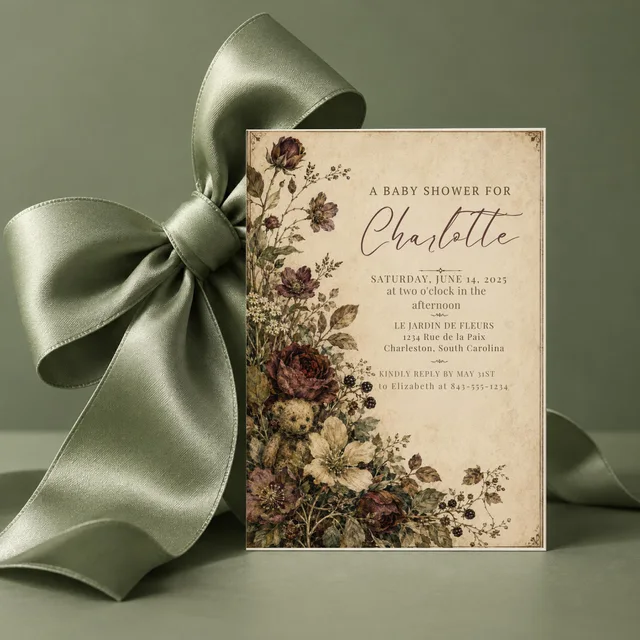 Teddy Bear Baby Shower Invitation, Editable Dark Botanical Canva Template — actual QDP listing image