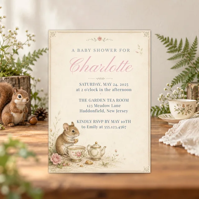 Tea Party Baby Shower Invitation, Editable Pink Squirrel Garden Canva Template — actual QDP listing image