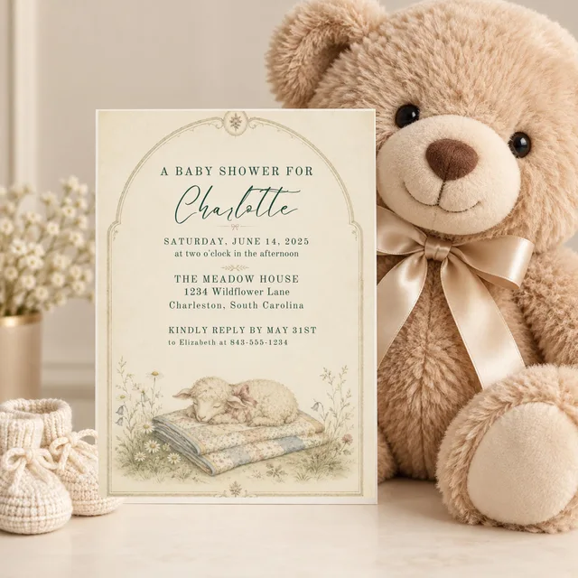 Teddy Bear Baby Shower Invitation, Editable Neutral Storybook Canva Template — actual QDP listing image