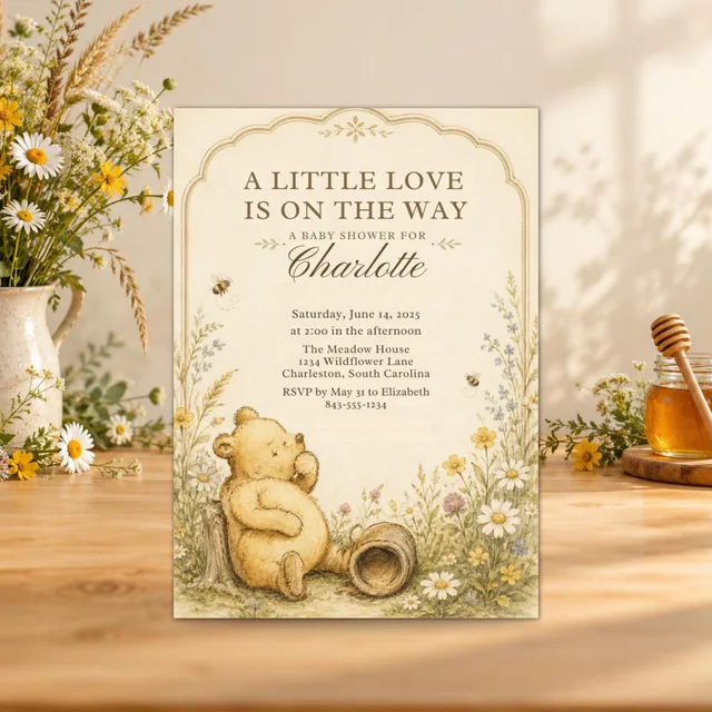 Honey Bear Baby Shower Invitation, Editable Wildflower Canva Template — actual QDP listing image
