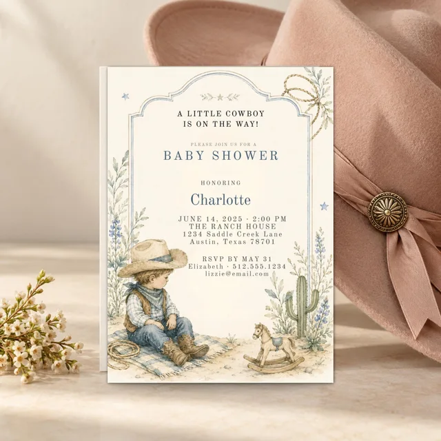 Western Baby Shower Invitation, Editable Little Cowboy Canva Template — actual QDP listing image