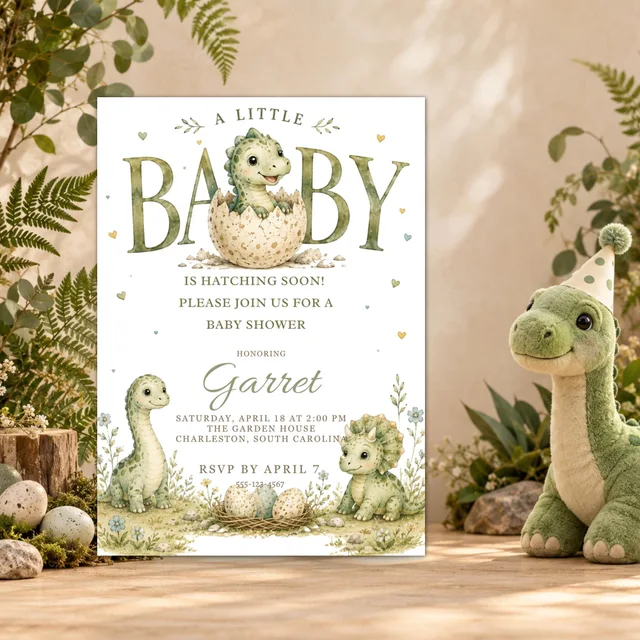 Dinosaur Baby Shower Invitation, Editable Vintage Hatching Soon Canva Template — actual QDP listing image