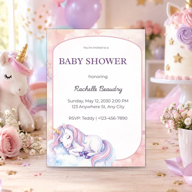 Unicorn Baby Shower Invitation, Editable Pastel Watercolor Canva Template — actual QDP listing image