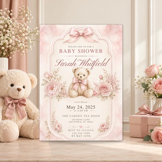 Coquette Baby Shower Invitation, Editable Pink Bow Teddy Bear Canva Template — actual QDP listing image