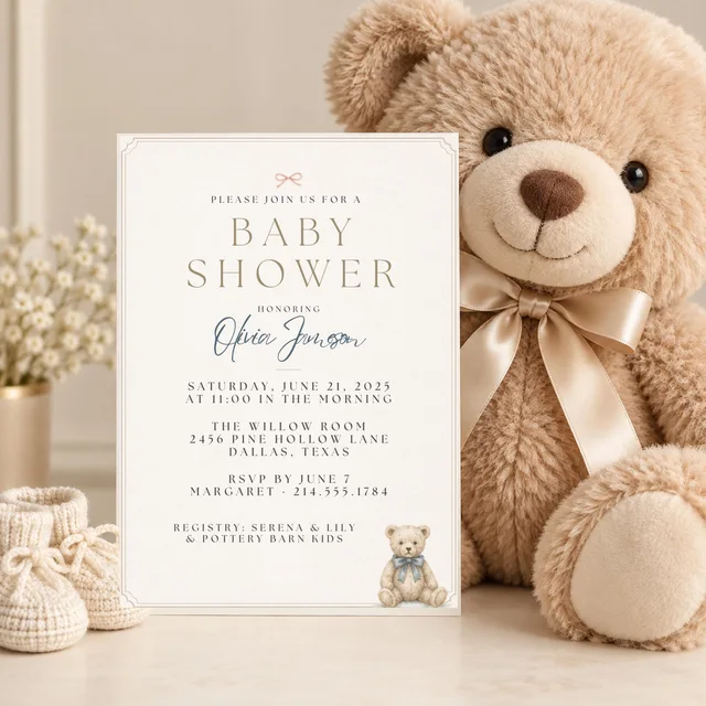 Teddy Bear Baby Shower Invitation, Editable Canva Template — actual QDP listing image