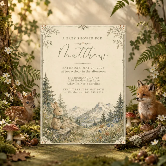 Woodland Baby Shower Invitation, Editable Mountain Bear Canva Template — actual QDP listing image
