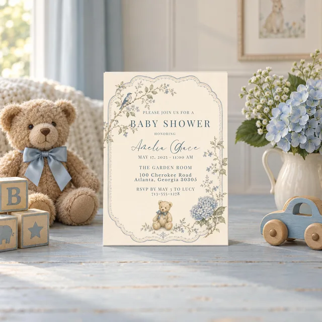 Blue Hydrangea Teddy Bear Baby Shower Invitation, Editable Canva Template — actual QDP listing image