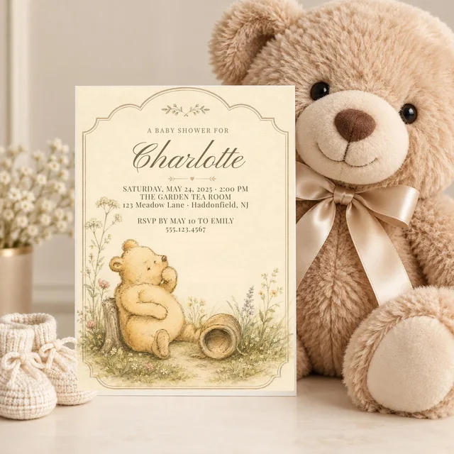 Honey Bear Baby Shower Invitation, Editable Storybook Canva Template — actual QDP listing image