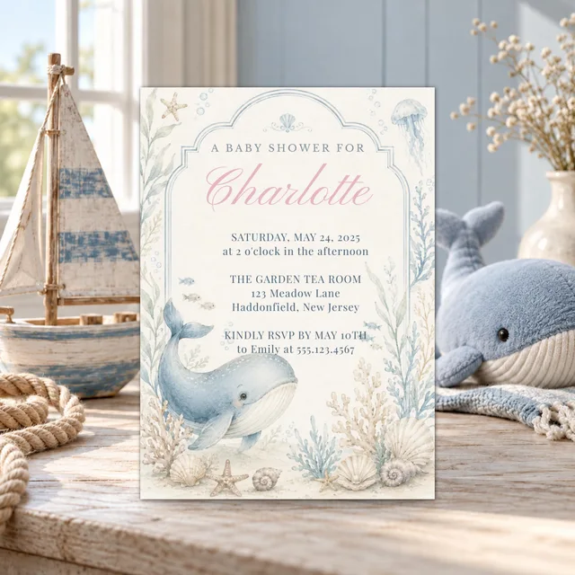 Whale Baby Shower Invitation, Editable Coastal Blue Nautical Canva Template — actual QDP listing image