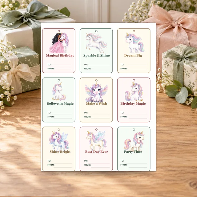 Unicorn Birthday Gift Tags, Editable Canva Template — actual QDP listing image