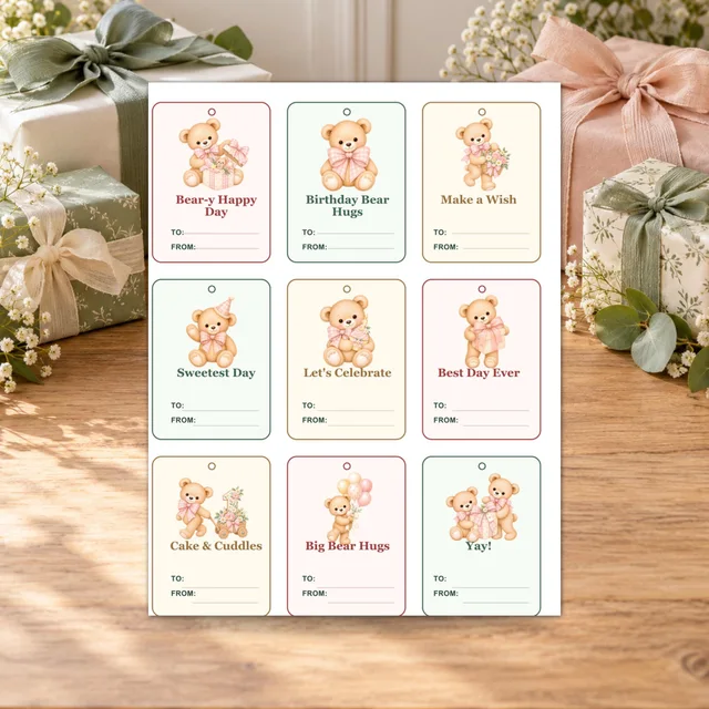 Teddy Bear Birthday Gift Tags, Editable Canva Template — actual QDP listing image