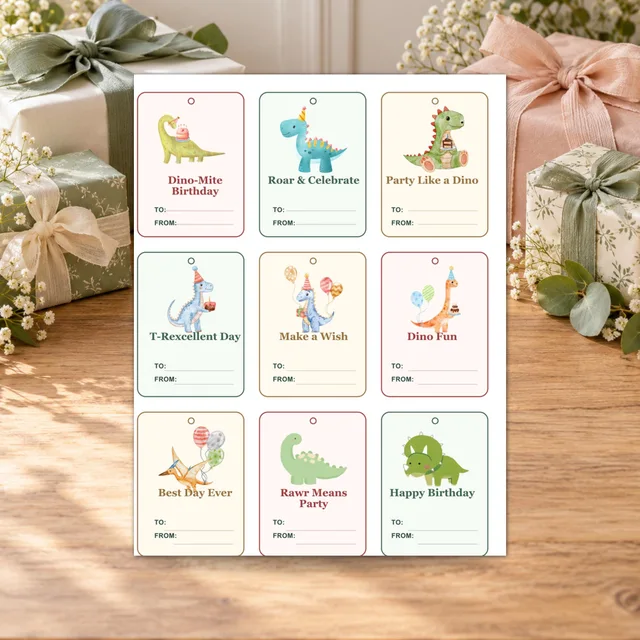 Dinosaur Birthday Gift Tags, Editable Dino Party Canva Template — actual QDP listing image