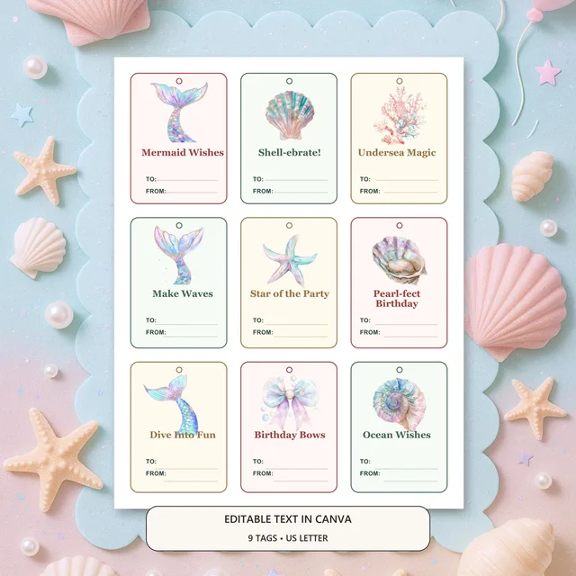 Mermaid Birthday Gift Tags, Editable Under the Sea Canva Template — actual QDP listing image