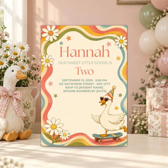 Two Silly Goose 2nd Birthday Invitation, Editable Retro Rainbow Canva Template — actual QDP listing image