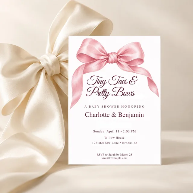 Pink Faille Bow Baby Shower Invitation, Pink Bow Coquette Theme, Editable Canva Template, 5x7 — actual QDP listing image