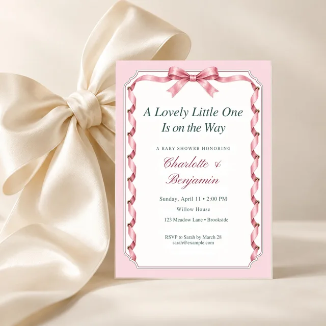 Laced Eyelet Frame Baby Shower Invitation, Pink Bow Coquette Theme, Editable Canva Template, 5x7 — actual QDP listing image