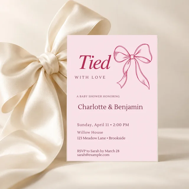 Raspberry Line Bow Baby Shower Invitation, Pink Bow Coquette Theme, Editable Canva Template, 5x7 — actual QDP listing image