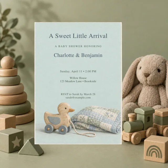 Vintage Nursery Baby Shower Invitation, Editable Baby Toys Canva Template — actual QDP listing image