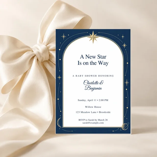 A New Star Celestial Atlas Baby Shower Invitation, Over the Moon & Celestial Theme, Editable Canva Template, 5x7 — actual QDP listing image