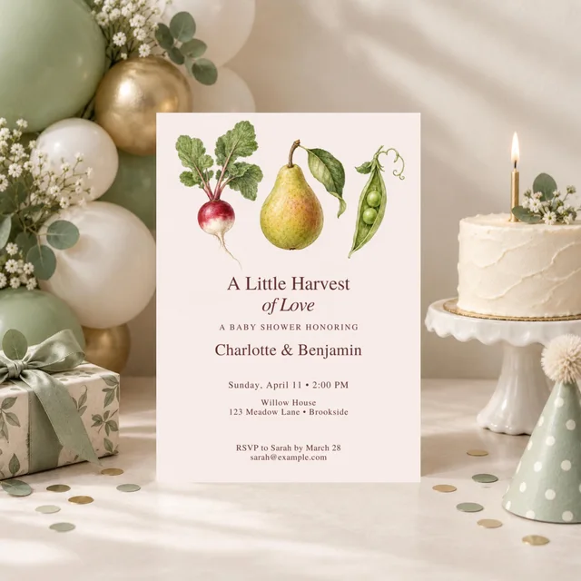 Botanical Harvest Baby Shower Invitation, Locally Grown & Farmers Market Theme, Editable Canva Template, 5x7 — actual QDP listing image