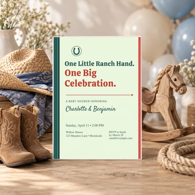 Ranch Announcement Baby Shower Invitation, Little Cowboy Western Theme, Editable Canva Template, 5x7 — actual QDP listing image