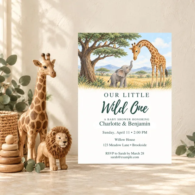 Safari Baby Shower Invitation, Editable Acacia Jungle Animals Canva Template — actual QDP listing image