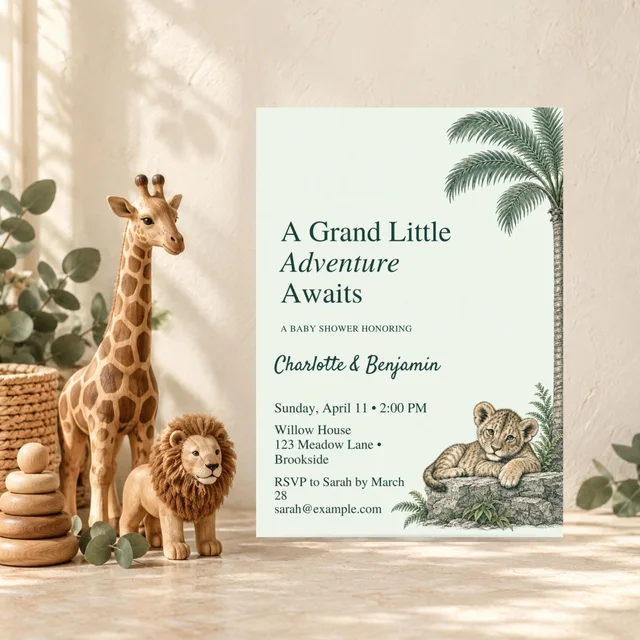 Safari Baby Shower Invitation, Editable Field Journal Jungle Canva Template — actual QDP listing image