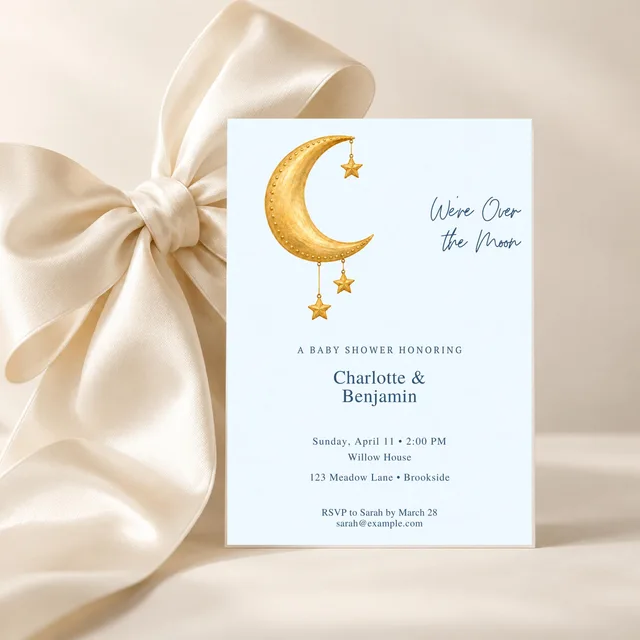 Golden Wish Moon Baby Shower Invitation, Over the Moon & Celestial Theme, Editable Canva Template, 5x7 — actual QDP listing image