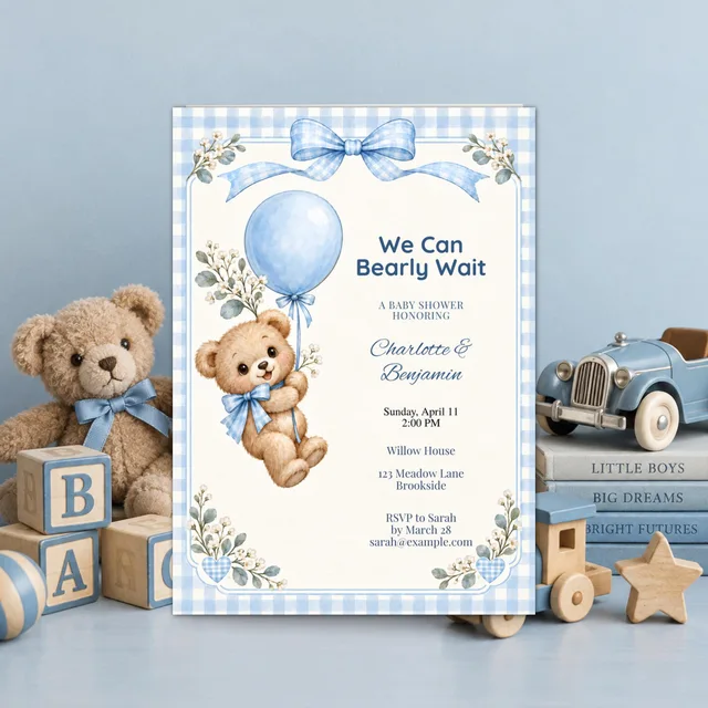 Blue Teddy Bear Baby Shower Invitation, Editable Chibi Canva Template — actual QDP listing image