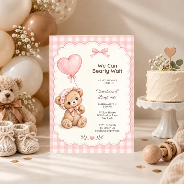 Chibi Pink Teddy Teddy Bear Baby Shower Invitation, Pink Theme, Editable Canva Template, 5x7 — actual QDP listing image