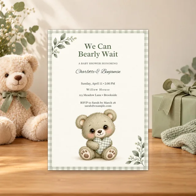 Sage Teddy Bear Baby Shower Invitation, Editable Chibi Canva Template — actual QDP listing image
