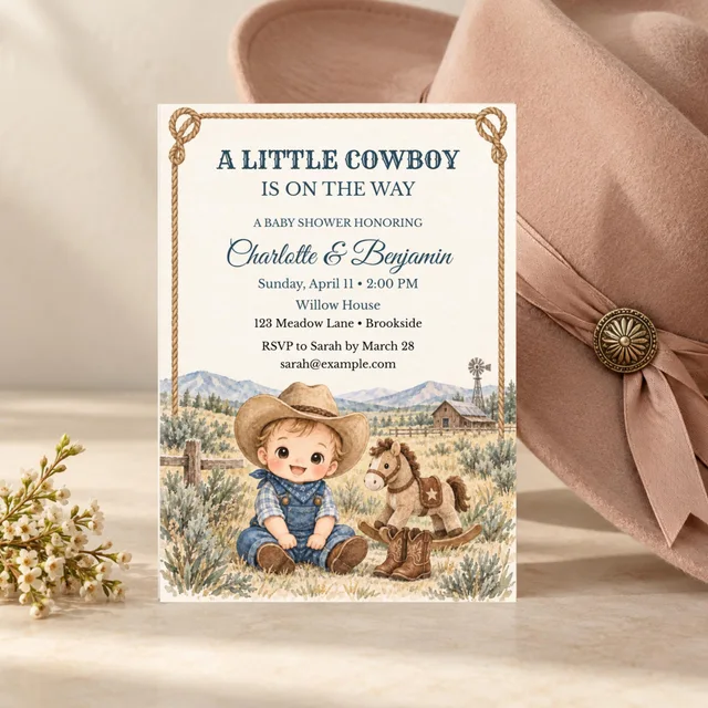 Western Baby Shower Invitation, Editable Chibi Cowboy Canva Template — actual QDP listing image