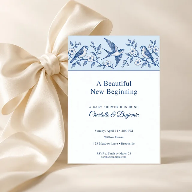 The Bluebird Letter Baby Shower Invitation, Chinoiserie & Grandmillennial Theme, Editable Canva Template, 5x7 — actual QDP listing image