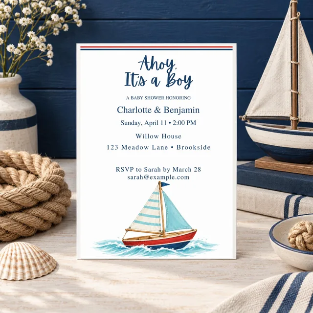 Bright Little Voyage Baby Shower Invitation, Nautical & Sailboat Theme, Editable Canva Template, 5x7 — actual QDP listing image