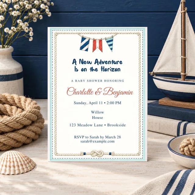 Sailcloth Correspondence Baby Shower Invitation, Nautical & Sailboat Theme, Editable Canva Template, 5x7 — actual QDP listing image