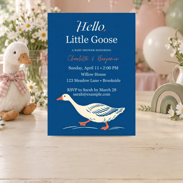 Silly Goose Baby Shower Invitation, Editable Blue Goose Canva Template — actual QDP listing image