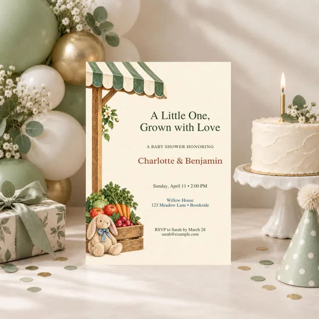 Farmers Market Baby Shower Invitation, Editable Locally Grown Canva Template — actual QDP listing image