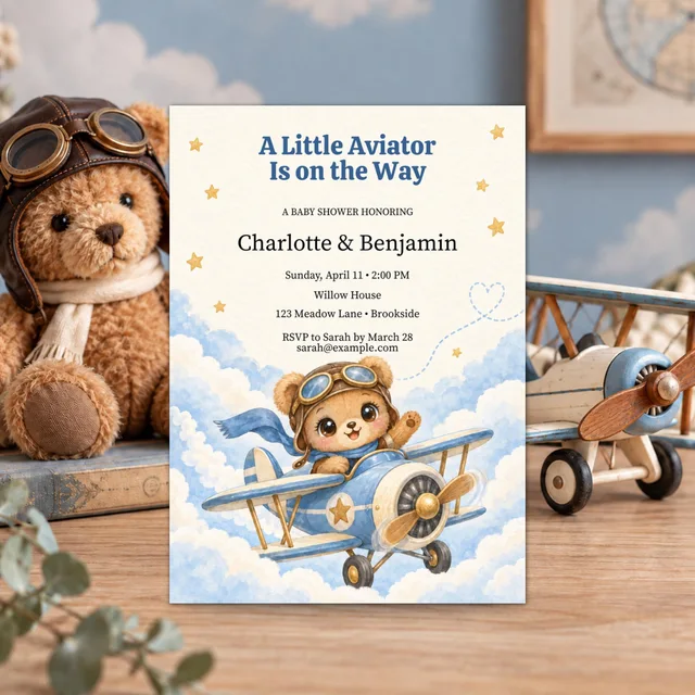 Aviator Teddy Bear Baby Shower Invitation, Editable Chibi Airplane Canva Template — actual QDP listing image
