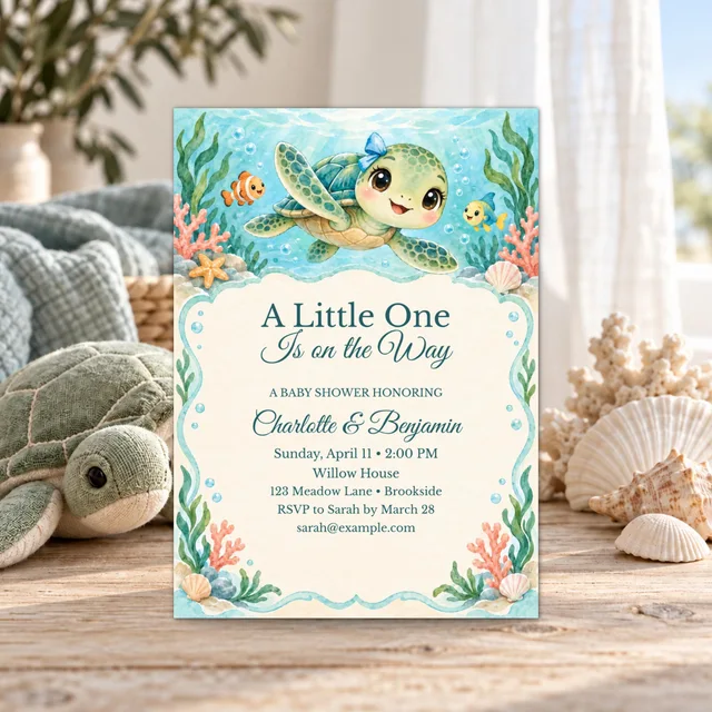 Sea Turtle Baby Shower Invitation, Editable Chibi Under the Sea Canva Template — actual QDP listing image